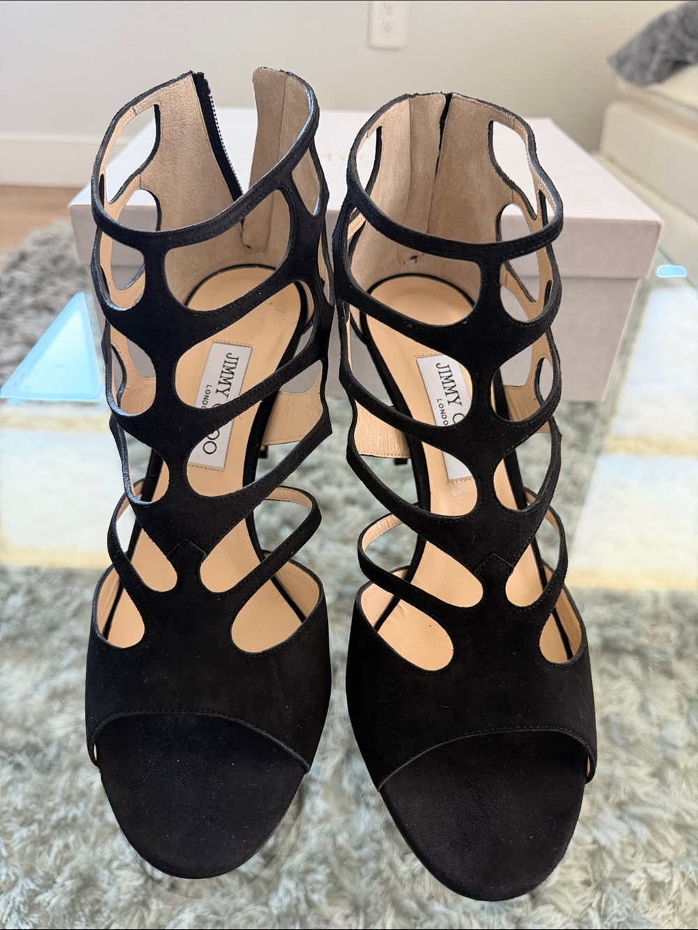 Jimmy Choo Black Suede Cutout Cage High Heels